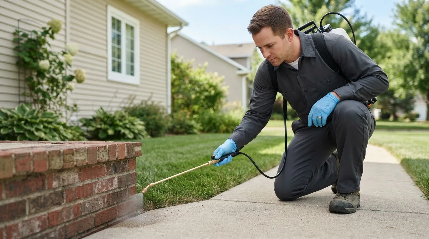 Pest control technician treating a home near Independence, IA