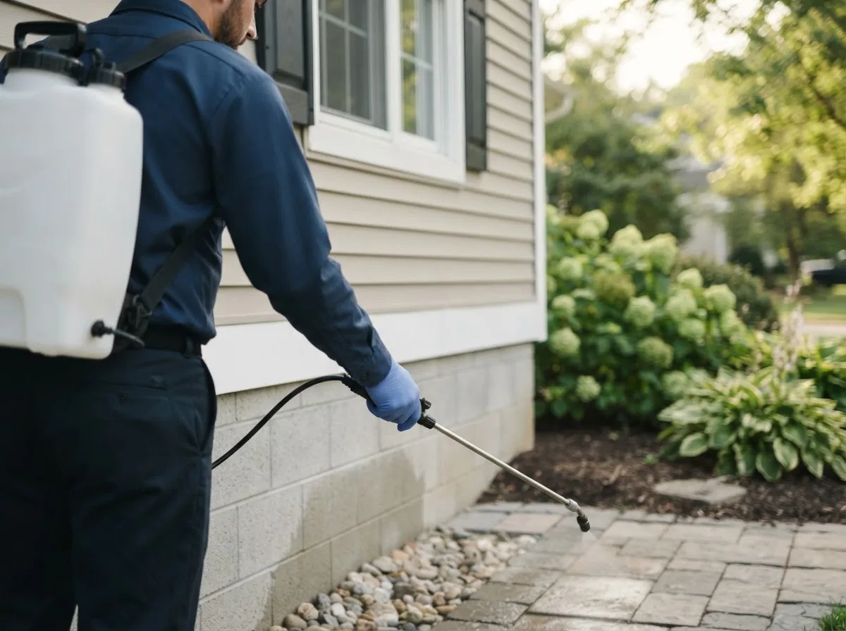 Pest control technician inspecting a home in Independence, IA